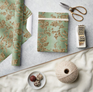 Green & Gold Velvet Damask Holiday Wrapping Paper