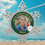 Green Gold Volleyball Player Photo High School Snowflake Pewter Christmas Ornament<br><div class="desc">This cool customized high school volleyball player photo gift features typography of your team and player name on a green and gold snowflake Christmas ornament with a ball design. Personalize with your student's photograph and class year as a proud sports parent for a commemorative keepsake present.l</div>