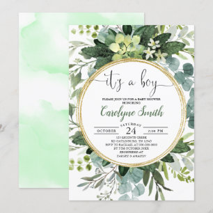 Green Gold Watercolor Botanical Boy Baby Shower Invitation
