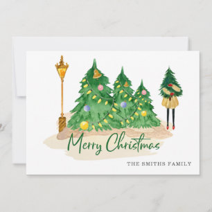Green Gold Watercolor Christmas Trees Holiday Card