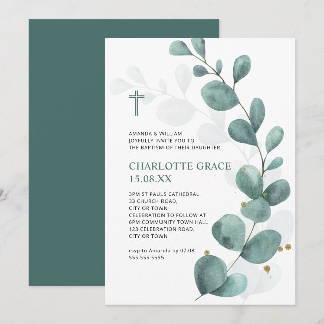 Green & Gold Watercolor Eucalyptus Baptism Invitation (Front/Back)