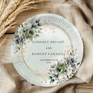 Green Gold Watercolor Eucalyptus Wedding Paper  Plate