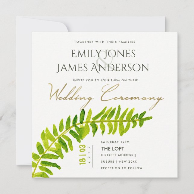 GREEN GOLD WATERCOLOR FERN FOLIAGE WEDDING INVITATION (Front)