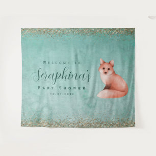 Green Gold Watercolor Fox Baby Shower Backdrop Tapestry
