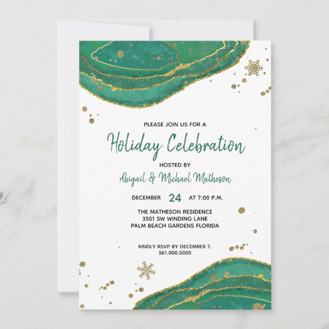 Green & Gold Watercolor Geode Agate Holiday Party Invitation (Front)