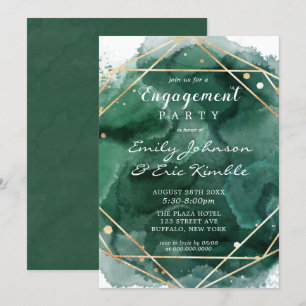 Green Gold Watercolor Geometric Engagement Party Invitation