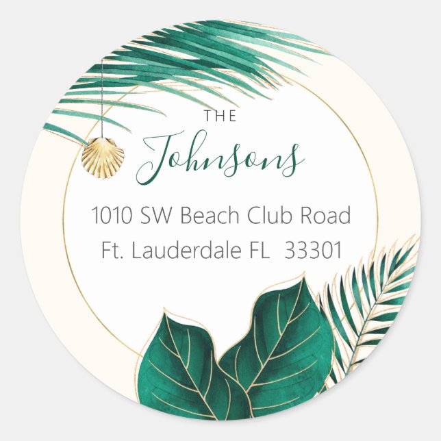 Green & Gold Watercolor Greenery Tropical Holiday Classic Round Sticker (Front)