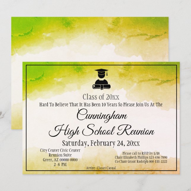 Green Gold Watercolor High School Class Reunion Invitation (Front/Back)