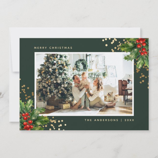 Green Gold Watercolor Holly Photo Christmas Cards (Front)