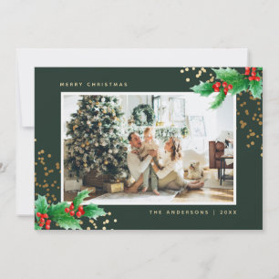Green Gold Watercolor Holly Photo Christmas Cards