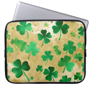 GREEN & GOLD WATERCOLOR IRISH SHAMROCKS LAPTOP SLEEVE
