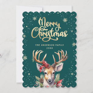 Green Gold Watercolor Reindeer Snow Christmas Card