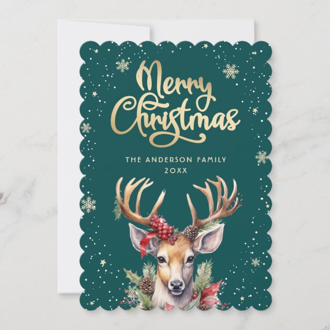 Green Gold Watercolor Reindeer Snow Christmas Card (Front)