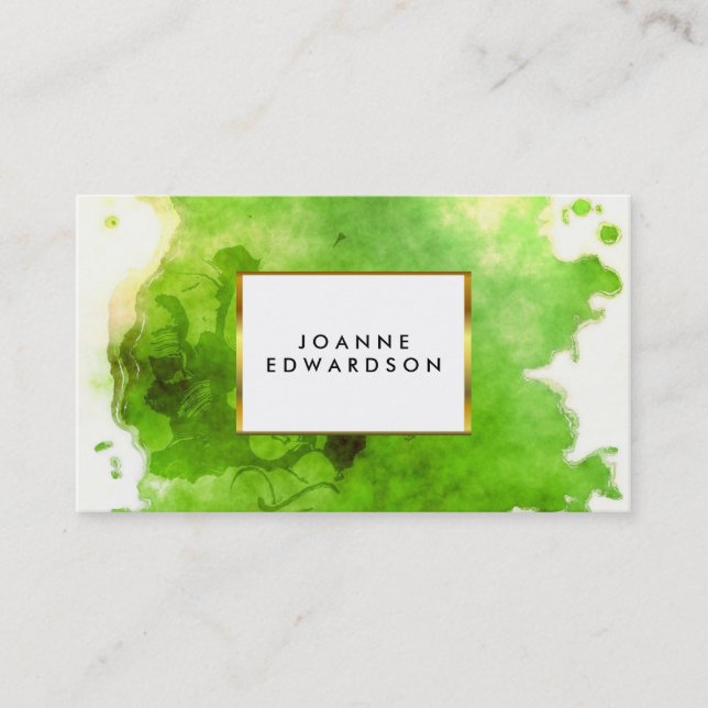 Green gold watercolor splatter splash professional business card (Front)