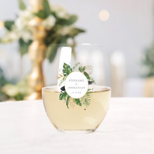 Green & Gold Watercolor Tropical Wedding Stemless Wine Glass