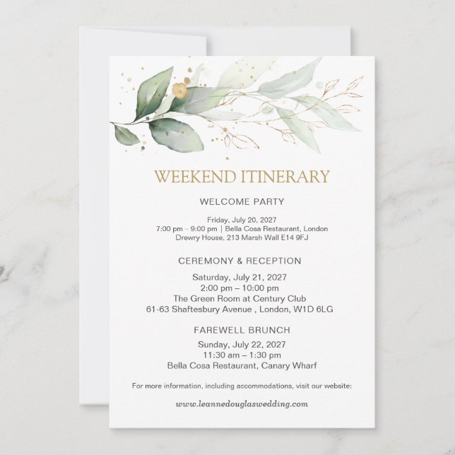 Green & gold Wedding Weekend Itinerary Invitation (Front)