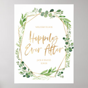 Green Gold Wedding Welcome Sign Happily ever after