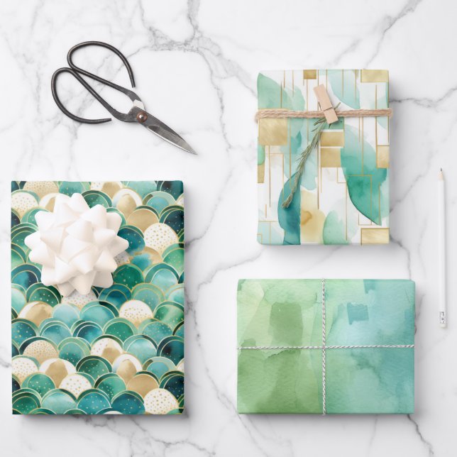 Green Gold White Abstract Wrapping Paper Sheet (Front)