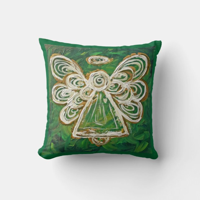 Green, Gold, White Angel Decorative Throw Pillow (Front)
