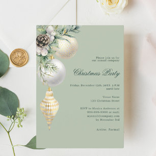 Green gold white baubles company Christmas Party Invitation