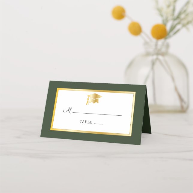 Green | Gold | White Grad Cap Place Cards (Front)