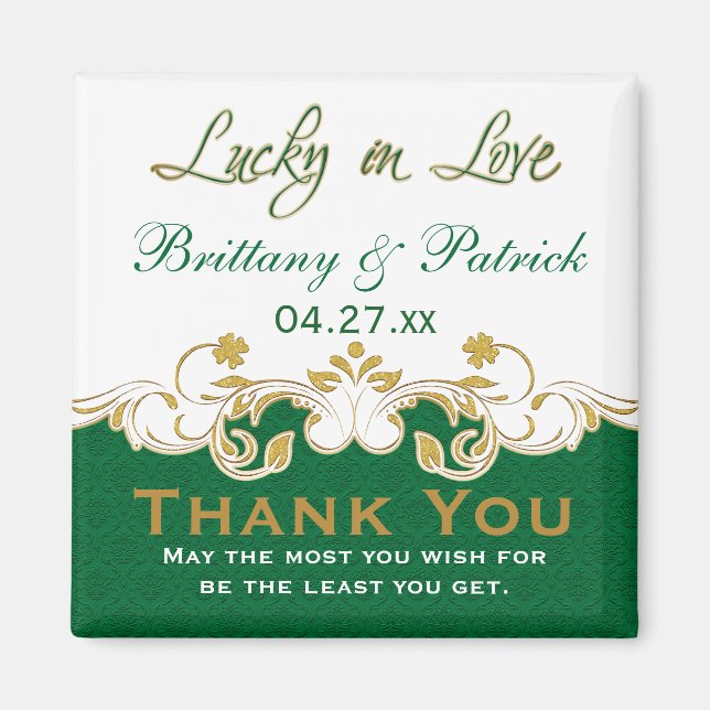 Green Gold White scrolled Wedding Favor Magnet (Front)