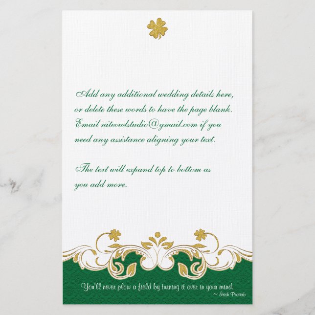 Green, Gold, White Scrolls, Shamrocks Stationery (Front)