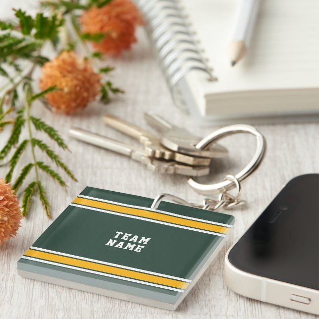 Green Gold White Sports Jersey Team Name Number Key Ring (Front Right)