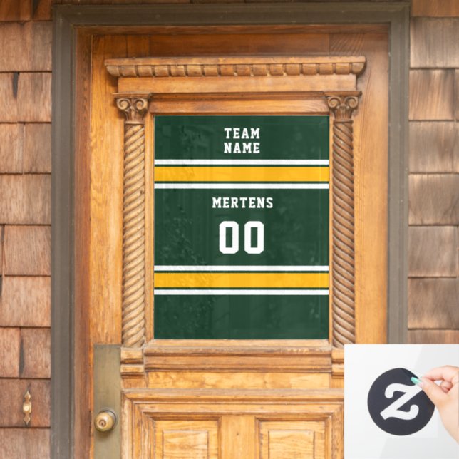 Green Gold White Sports Jersey Team Name Number Window Cling (Home Door)