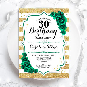 Green Gold & White Stripes Floral 30th Birthday Invitation