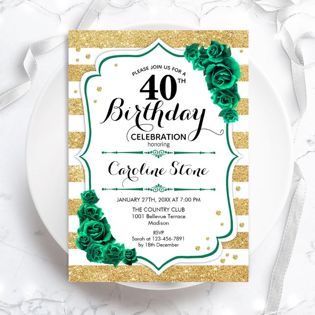 Green Gold White Stripes Floral 40th Birthday Invitation (Creator Uploaded)