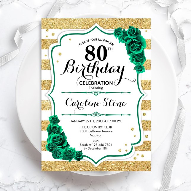 Green Gold White Stripes Roses 80th Birthday Invitation (Creator Uploaded)