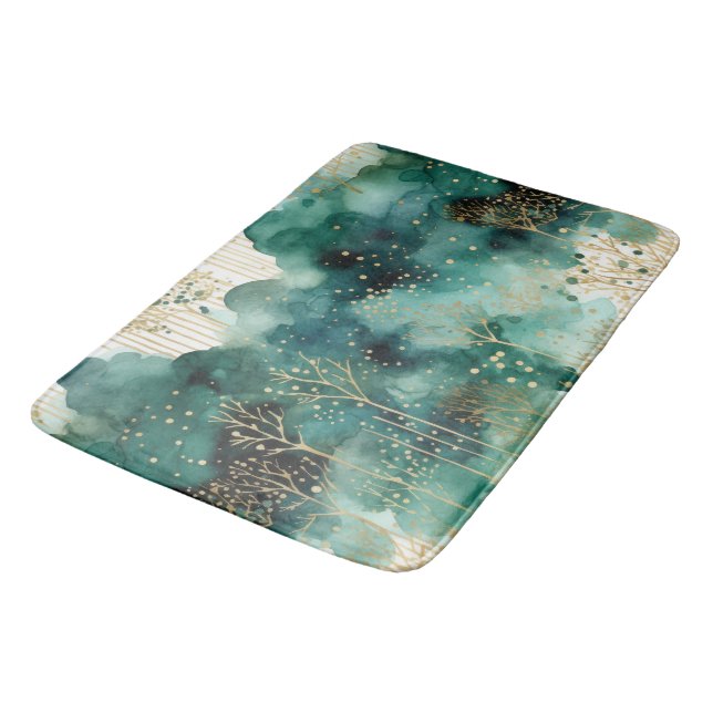 Green  Gold White Trees Christmas Bath Mat (Angled)