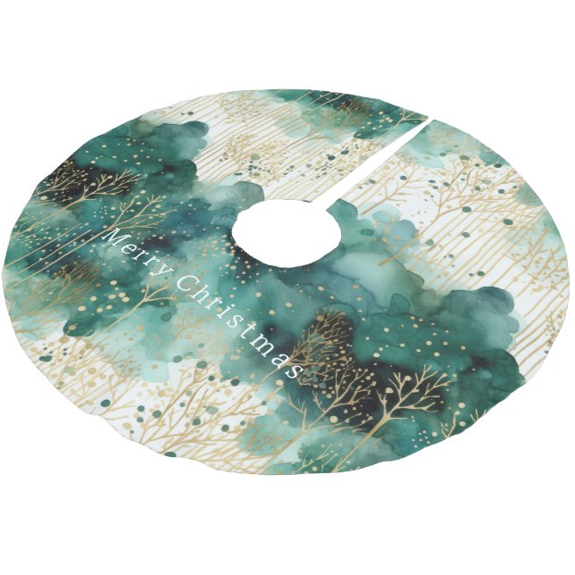 Green  Gold White Trees Christmas Brushed Polyester Tree Skirt (Angled)