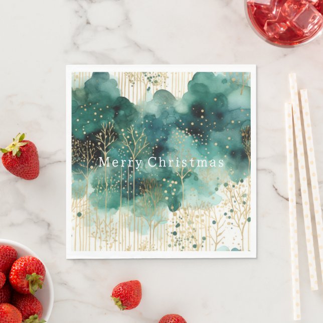 Green  Gold White Trees Christmas Napkin (Insitu)