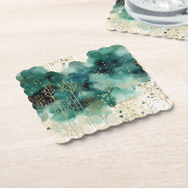 Green  Gold White Trees Christmas Paper Coaster (Angled)