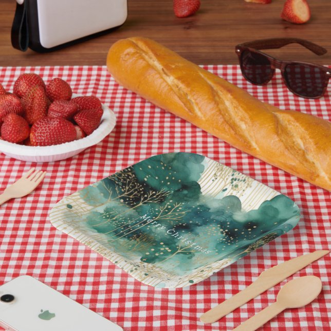 Green  Gold White Trees Christmas Paper Plate (Picnic)