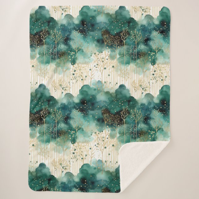 Green  Gold White Trees Christmas Sherpa Blanket (Front)