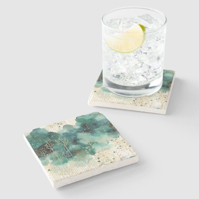 Green  Gold White Trees Christmas Stone Coaster (Side)