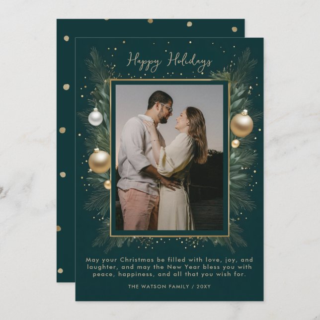 Green Gold Winter Botanical Christmas Photo  Holiday Card (Front/Back)