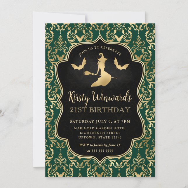 Green Gold Witch and Bats Damask 21st Birthday Invitation (Front)