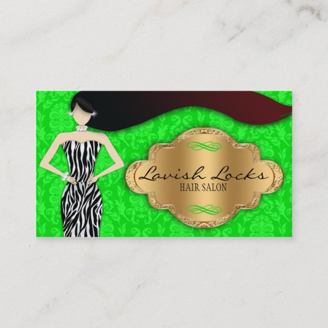 Green Gold Zebra Damask Hair Stylist Salon Business Card (Front)