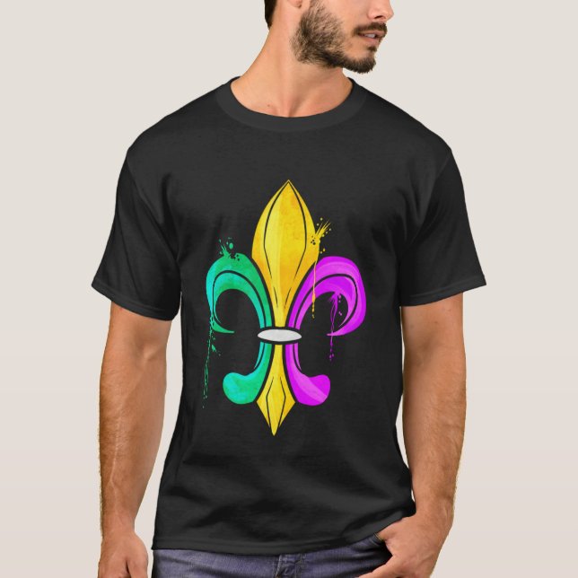 Green Golden And Purple Fleur De Lis For Mardi Gra T-Shirt (Front)