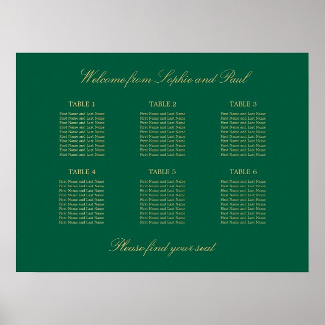 Green Golden Beige 6 Table Seating Chart Poster (Front)