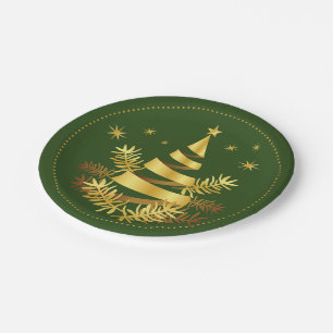 Green Golden Leaves Stars Christmas Tree Paper Plate