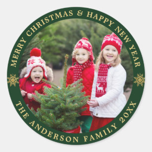 Green & Golden Merry Christmas Holiday PHOTO Classic Round Sticker