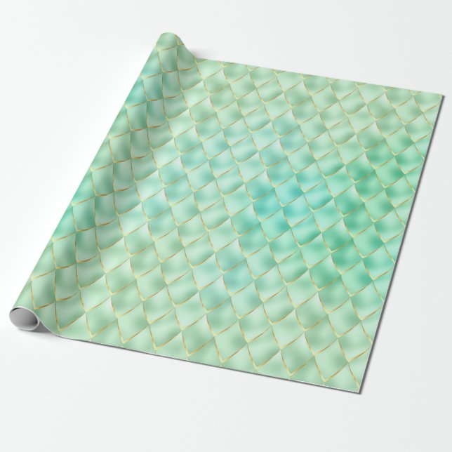 Green Golden Pearl Mermaid Dragon Scales Pattern Wrapping Paper (Unrolled)