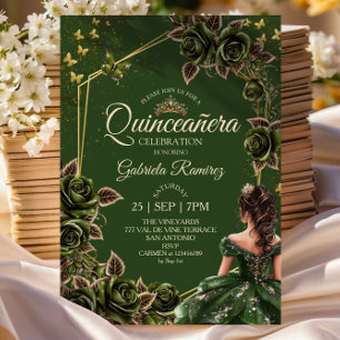 Green Golden Tiara Roses Butterfly Quinceañera Invitation