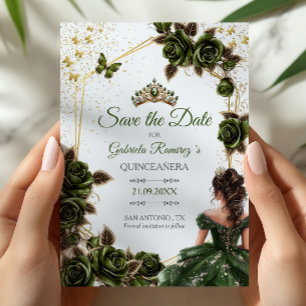 Green Golden Tiara Roses Butterfly Quinceañera Save The Date