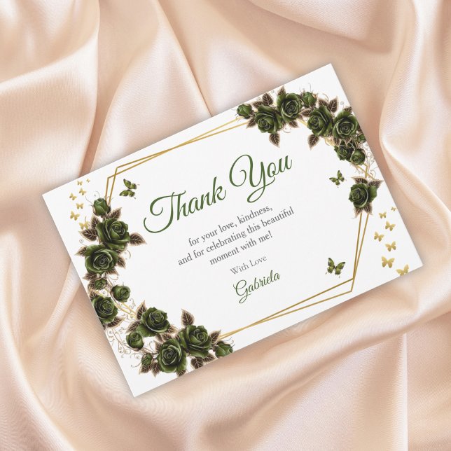 Green Golden Tiara Roses Butterfly Quinceañera Thank You Card (Creator Uploaded)